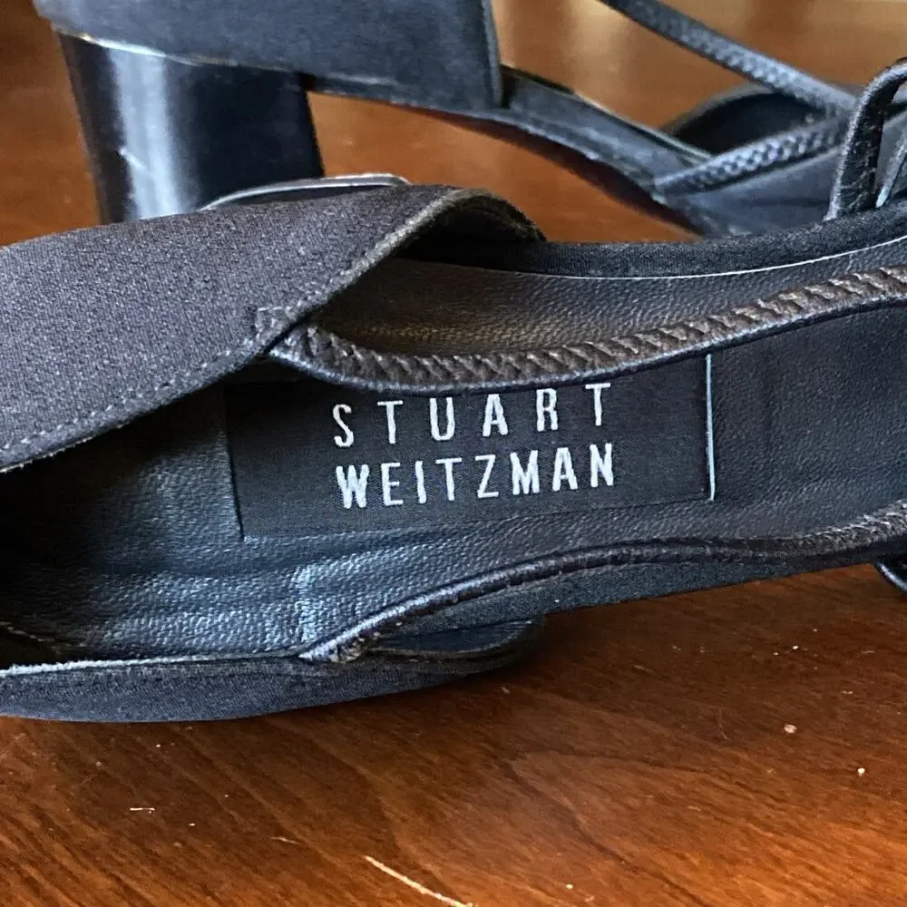 Stuart Weitzman 9 Black Heel Fabric Criss-Cross Strap Block 2W01994 Shoes VGC